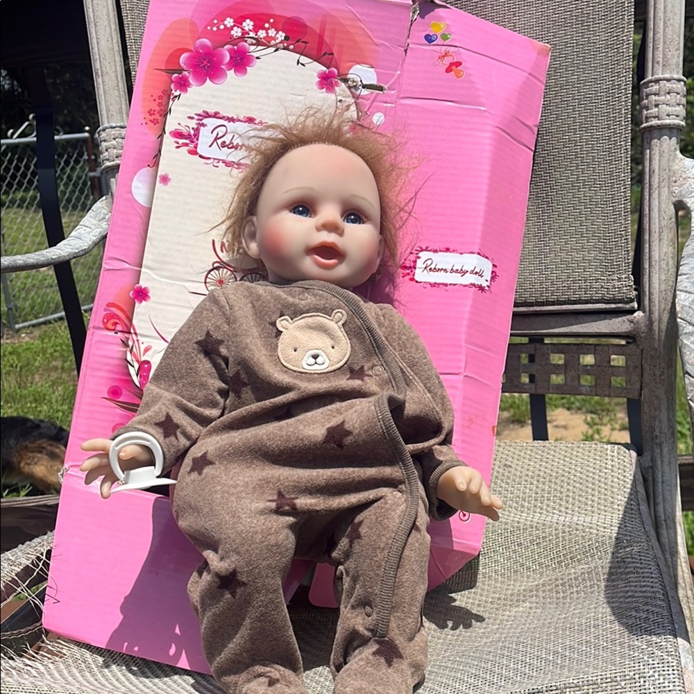 Reborn Brown Bear Outfit Baby Doll with Pink Box Accent